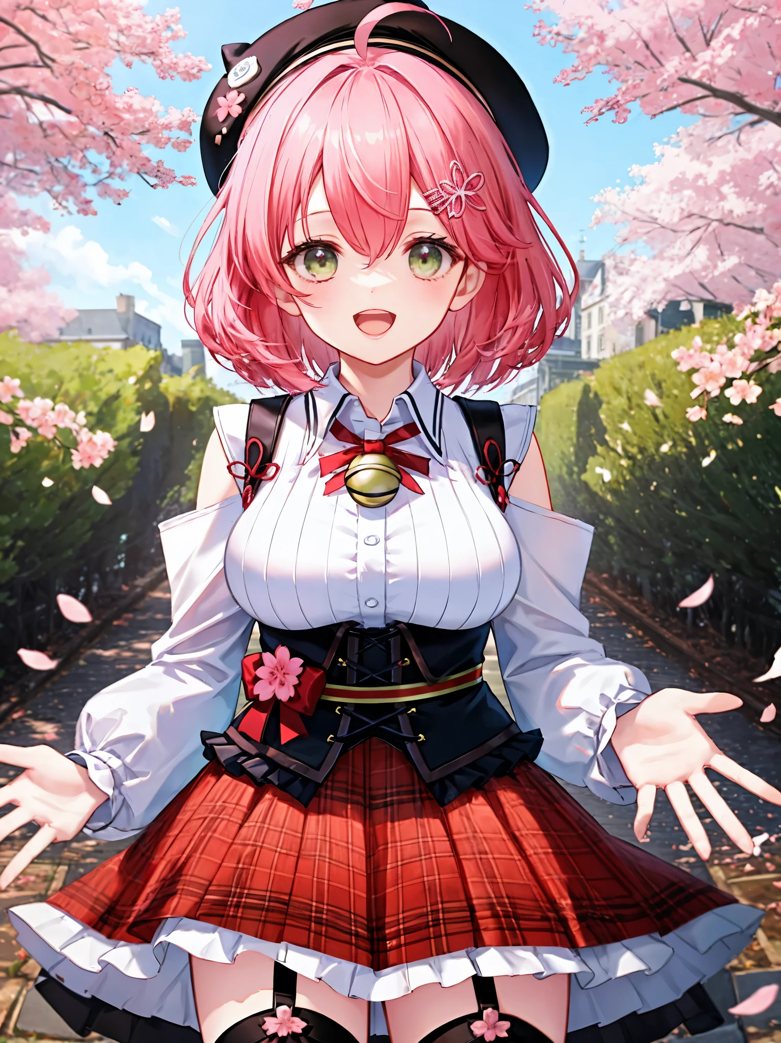masutepiece, Best_Quality, hight_resolution, miko2,Ponytail, 1girl, Ahoge, black headwear, Hair Ornament, White shirt, black thighhighs, Pink hair, Red_skirt, very_short_skirt, plaid skirts, garter_strap, Collared shirt, hair clips, frilld, Bangs, hair between eye, frills skirt, beret, Pleated skirt, Hair Flower, Neck bell, , puffy long sleeves, Black bow, Underbust, Cowboy Shot,Smile, (large_breasts:1.3),covered_nipples, green_eyes, happy, childlike_posing,spread_legs,(big_smile:1.2),plump,open_mouth,shout,half_eyes,cherryblossom_park_landscape_background,