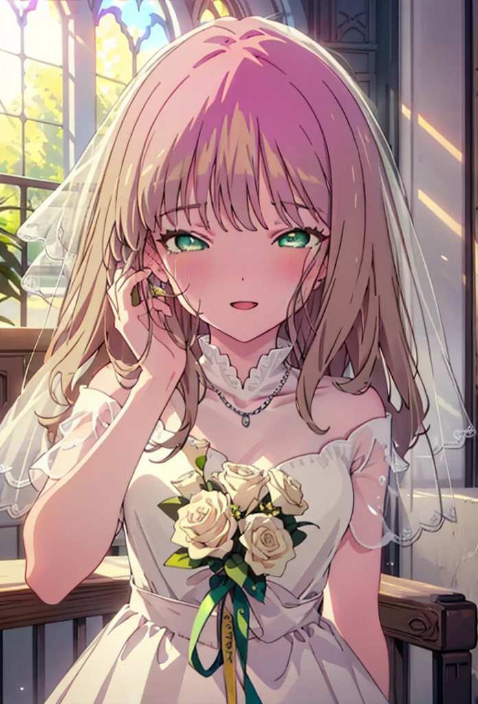 minami yume ,sss Dynazenon ,Long Hair, Brown Hair, (Green Eyes:1.5) ,blush,happy smile, smile, Open your mouth,Off-the-shoulder wedding dresses,Wedden Skirt,necklace,Veil,bouquet,Close both eyes,Tears stream down her face,Tears of joy,I cry a lot,　　　　　　　　　　　　 
 break looking at viewer, whole body,(Cowboy Shot:1. 5) 　　　　　　　　　　　　　　　　　　　break indoors, Chapel,church, 　　　　　　　　　　　break (masterpiece:1.2), Highest quality, High resolution, unity 8k wallpaper, (shape:0.8), (Beautiful attention to detail:1.6), Highly detailed face, Perfect lighting, Highly detailed CG, (Perfect hands, Perfect Anatomy),