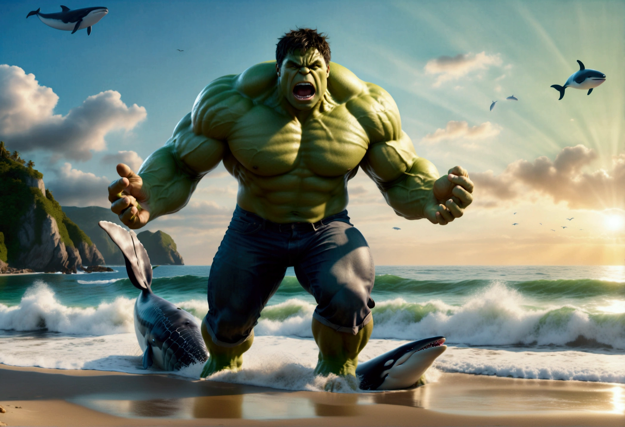 A muscular green humanoid figure, The Incredible Hulk, standing on a beach, has just thrown a massive whale back towards the ocean, the whale mid-air with huge eyes and an open shocked mouth, comical scene, (best quality,4k,8k,highres,masterpiece:1.2),ultra-detailed,(realistic,photorealistic,photo-realistic:1.37),hyperrealistic,3D render,dramatic lighting,vibrant colors,action pose,ocean background,beach setting
