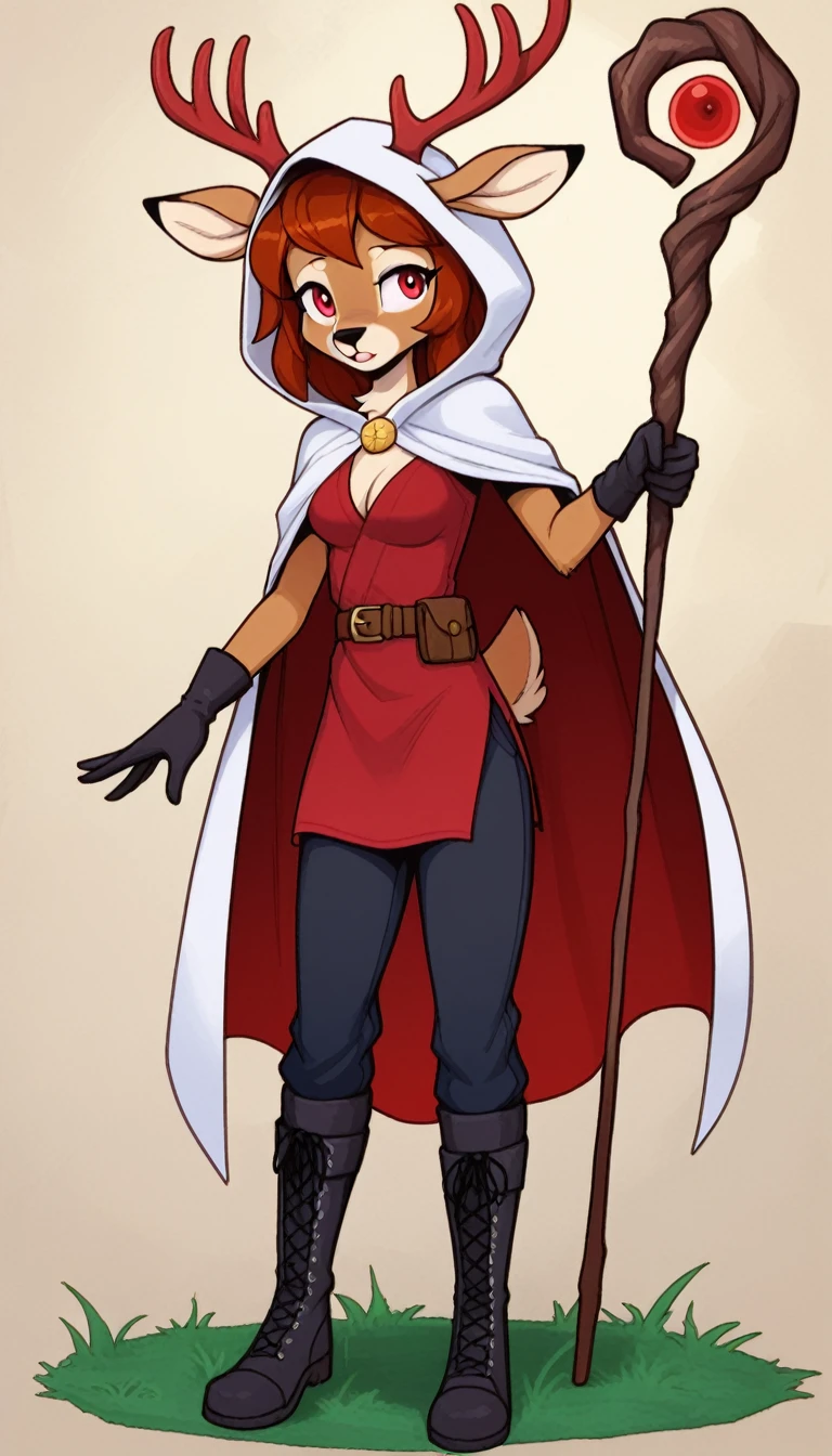 Solo female, furry, deer, right eye blue, left eye red eyes, auburn hair, deer long trophies, white hooded cloak, dark red tunic jacket with a white stripe on the front, a belt on the tunic, black trousers, black boots witha buckle underneath ,On her cloak, there is a golden round stone with the shape of an eye engraved on it, A staff in her hand.black gloves