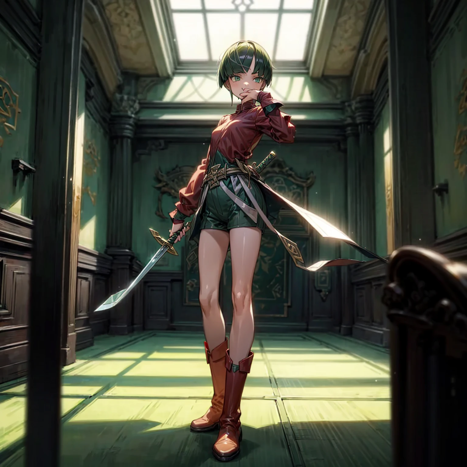 1girl, Full body version, 1character, green eyes, short haircut, green color hair, soldier style clothing, red colour clothing, boots, Grassroots, background indoor building city, motion blur, (detective conan style art), standing gesture, sword in hand 