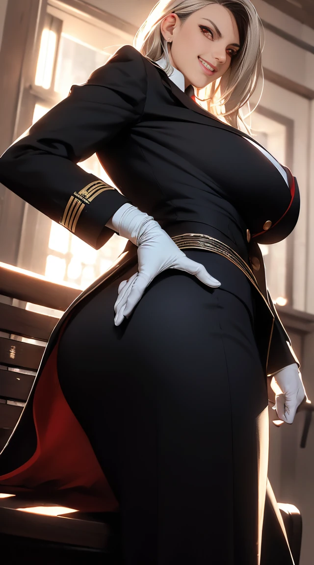 "Ultra realistic illustration and hyperrealistic of dramatic bbfng Perching on the edge of a bench while looking at viewer,long hair,large breasts,bandage over one eye,black coat,coat on shoulders,military uniform,red jacket,long sleeves,white gloves, belt,pleated skirt,black skirt,white pantyhose,medium full shot,sunset,standing,(gigantic breasts:1.5),narrow waist,(forced smile:1.5),(red eyes:1.5),(huge ass)",pixabay,8k,vivid,cinematic lighting,(extremely detailed),(depth of field:1.5)