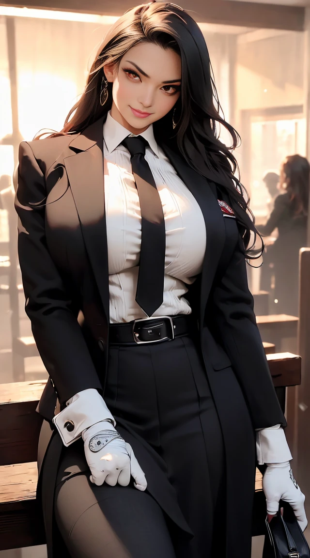 "Ultra realistic illustration and hyperrealistic of dramatic bbfng Perching on the edge of a bench while looking at viewer,long hair,large breasts,bandage over one eye,black coat,coat on shoulders,military uniform,red jacket,long sleeves,white gloves, belt,pleated skirt,black skirt,white pantyhose,medium full shot,sunset,standing,(gigantic breasts:1.5),narrow waist,(forced smile:1.5),(red eyes:1.5),(huge ass)",pixabay,8k,vivid,cinematic lighting,(extremely detailed),(depth of field:1.5)