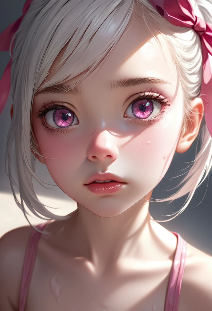  anime girl  in pink wet clothes, Realistic Shadows, Detailed skin, Very small breasts, white hair, Hair Ribbon,  highly detailed face, Perfect face shape, Perfect lips, Perfect nose, Correct beautiful eyes, Watching Viewer, sexually aroused , Best Quality, Single Girl, No bra, No panties, Solo