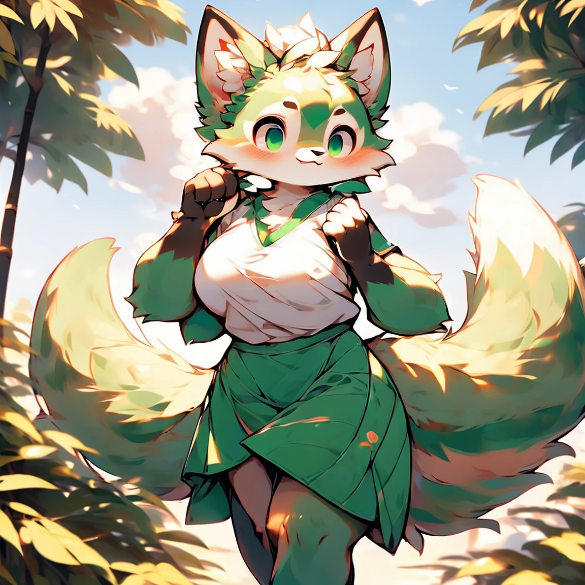 ((Fox)) ((Green fur)) ((Fluff fur)) ((Female)) ((Cute)) ((Curvy body)) ((Large breasts)) ((long tail)). A cute femame furry fox, her fur is all green. She is on a park with a blush on her face. She is waering a blue micro skirt and a short white shirt.