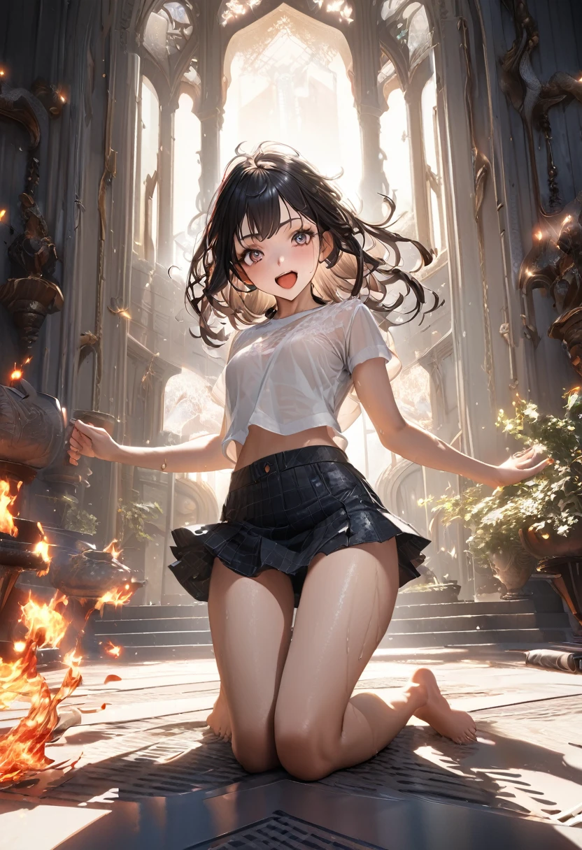 (Official Art、Highest quality、Unity 8k wallpaper、32K、masterpiece、Ultra-detailed、Ultra-high resolution、Realistic、Photorealistic:1.2)、(Natural soft light:1.2)、Fire Glow Effect、Film Grain、Best Shadow、Rim Light、Side light、Side Shot、(Highly detailed and intricate 3D rendering)、細部までBeautiful Faceと目、Sharp pupils、Realistic生徒。 Sandy Beach、Beautiful Face、Blurred Background、18 year old beautiful girl、Glowing Skin、Beautiful wet black hair、I pulled up my wet shirt、Wet Check Mini Skirt、(Thighs Thighs Thighs Thighs:0.9)、barefoot、curve、Dynamic pose、Laughing with your mouth open、Two Girls、