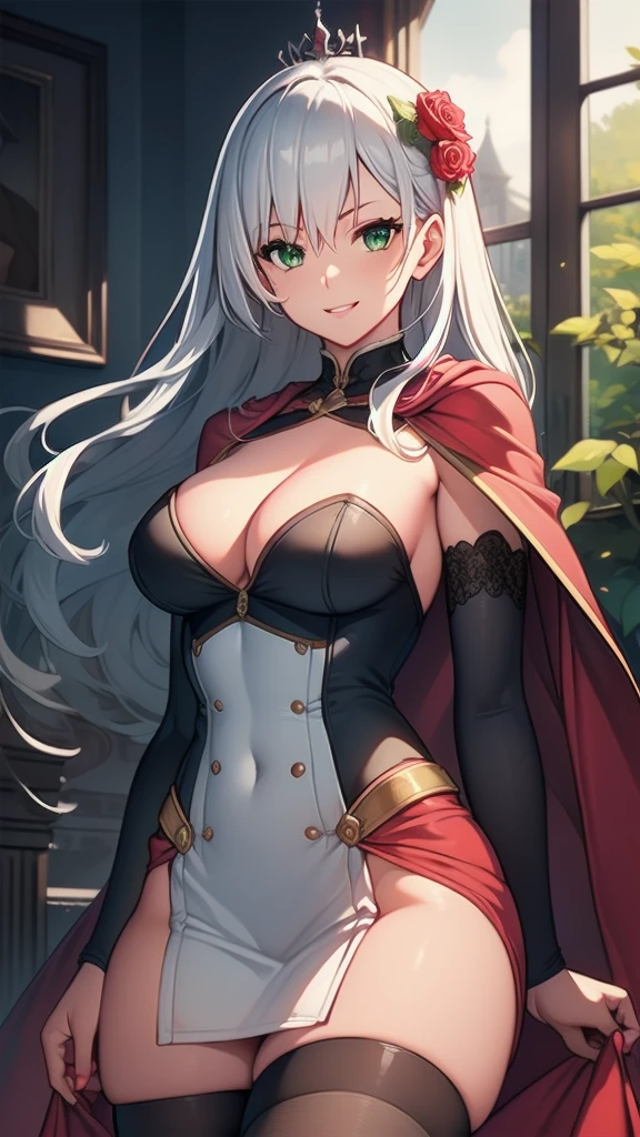 masterpiece, best quality, solo girl, silver hair, green eyes, long hair, medium breasts, sexy body and face, wavy hair, smile, parted lips, red lips, ribbon, crown of thorns, thorns, (red cape, dress flower), detached sleeves, hair flower, hair ornament, long sleeves, black corset, long skirt, red dress, rose, strapless dress, long skirt, thighhighs, thighlet, red nails, dress flower, black thighhighs, mksks style, beautiful background, orchestra, indoors, sexy pose, cowboy shots, sharp focus, ultra-detailed body, face, and eyes, vibrant, creative, dynamic, high definition, high resolution, 8k, (Upscale: R-ESRGAN 4x+ Anime6mage enchance:4x), voluptuous body, cinema lightning, looking at the viewer, (realistic:1.4), (beautiful detailed face, beautiful detailed eyes, volumetric lighting),