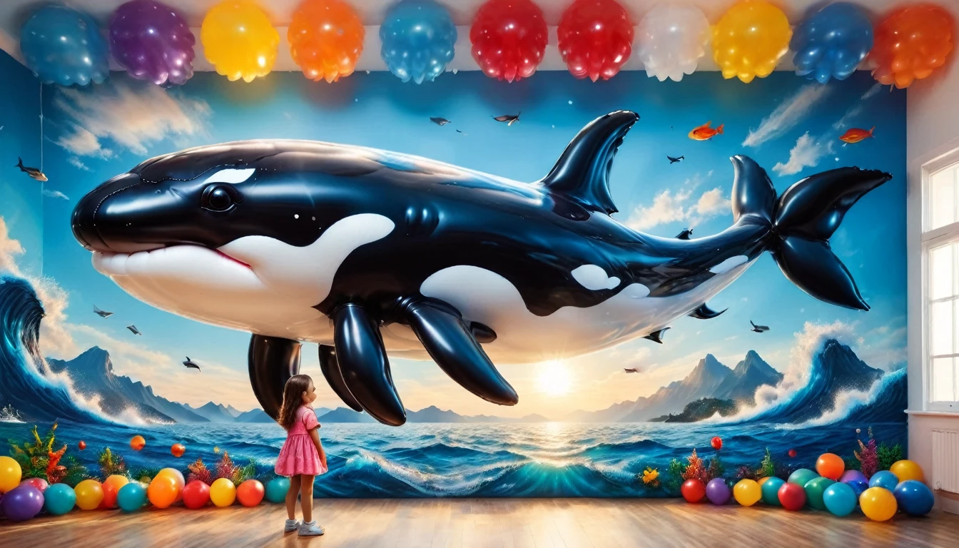 a digital paining of  (balloon in the shape of killer) whale ((being held by a cute kindergarten girl)), High Contrast, (masterpiece:1.5), highest quality, Best aesthetics), 16K fantasy art, best details, best quality, highres, (ultra wide angle: 1.2), 16k, [ultra detailed], masterpiece, best quality, (extremely detailed), magical sky, digital painting, balloonz