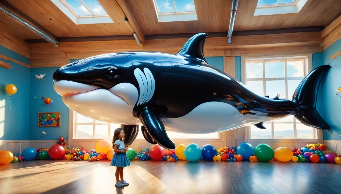 a digital paining of  (balloon in the shape of killer) whale ((being held by a cute kindergarten girl)), High Contrast, (masterpiece:1.5), highest quality, Best aesthetics), 16K fantasy art, best details, best quality, highres, (ultra wide angle: 1.2), 16k, [ultra detailed], masterpiece, best quality, (extremely detailed), magical sky, digital painting, balloonz