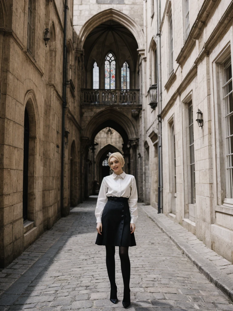 her name is Amelie, high quality, 1girl, ((25-year-old fit Caucasian woman)), ((25 years old)), ((HOURGLASS BODY)), ((Loose Chignon blonde hair)), smiling, pose: standing, wearing Refined Trendsetting Generation-Z modern wear pastel colored, BACKGROUND:"Wandering through the Gothic Quarter, with its narrow medieval streets, hidden squares, and stunning Gothic architecture."