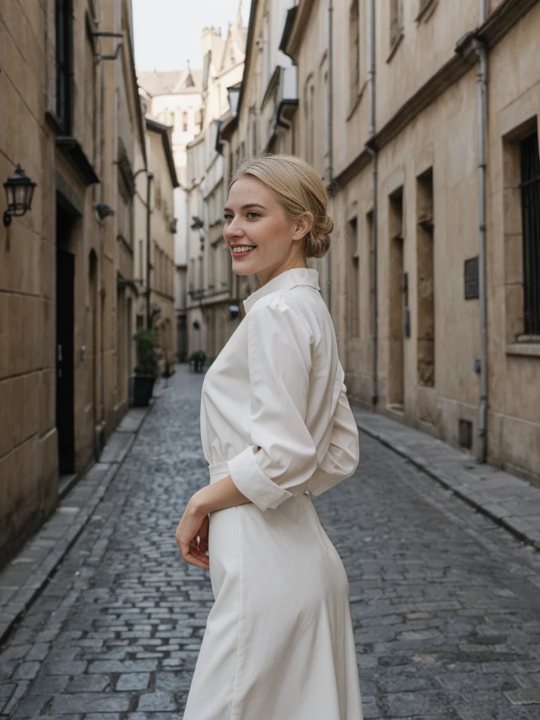 her name is Amelie, high quality, 1girl, ((25-year-old fit Caucasian woman)), ((25 years old)), ((HOURGLASS BODY)), ((Loose Chignon blonde hair)), smiling, pose: standing, wearing Refined Trendsetting Generation-Z modern wear pastel colored, BACKGROUND:"Wandering through the Gothic Quarter, with its narrow medieval streets, hidden squares, and stunning Gothic architecture."