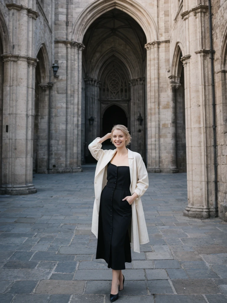 her name is Amelie, high quality, 1girl, ((25-year-old fit Caucasian woman)), ((25 years old)), ((HOURGLASS BODY)), ((Loose Chignon blonde hair)), smiling, pose: standing, wearing Refined Trendsetting Generation-Z modern wear pastel colored, BACKGROUND:"Wandering through the Gothic Quarter, with its narrow medieval streets, hidden squares, and stunning Gothic architecture."