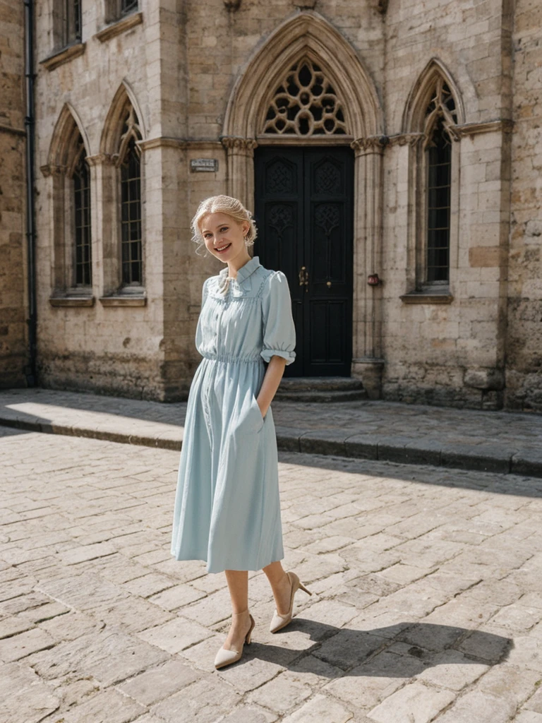 her name is Amelie, high quality, 1girl, ((25-year-old fit Caucasian woman)), ((25 years old)), ((HOURGLASS BODY)), ((Loose Chignon blonde hair)), smiling, pose: standing, wearing Refined Trendsetting Generation-Z modern wear pastel colored, BACKGROUND:"Wandering through the Gothic Quarter, with its narrow medieval streets, hidden squares, and stunning Gothic architecture."