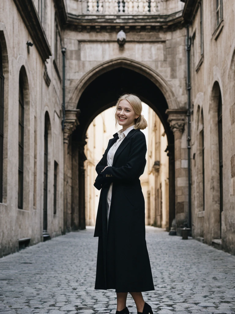 her name is Amelie, high quality, 1girl, ((25-year-old fit Caucasian woman)), ((25 years old)), ((HOURGLASS BODY)), ((Loose Chignon blonde hair)), smiling, pose: standing, wearing Refined Trendsetting Generation-Z modern wear pastel colored, BACKGROUND:"Wandering through the Gothic Quarter, with its narrow medieval streets, hidden squares, and stunning Gothic architecture."