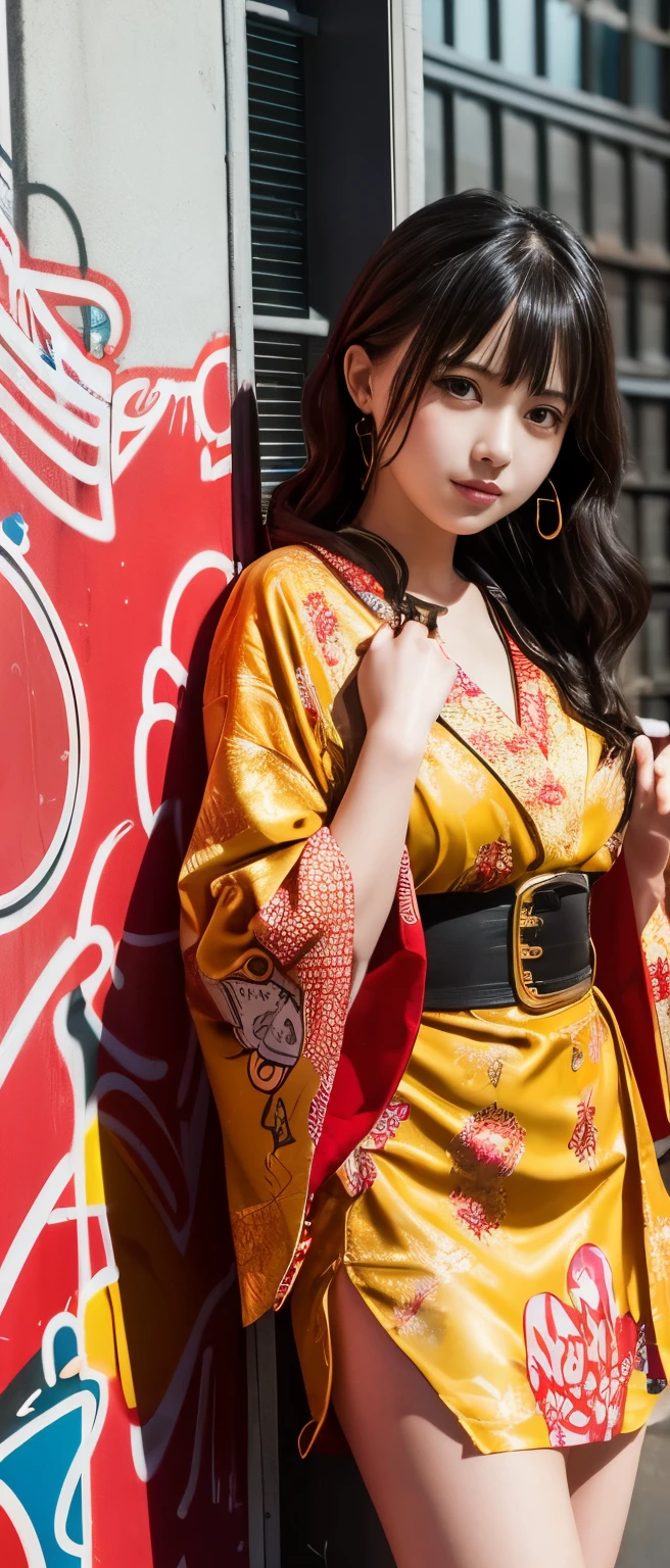 Cute and cool punk idol girl、whole body、Good style、、、、、、、、、、Thick legs、、Red and gold kimono dress(Fire Print)、Neat and clean idol face、Graffiti(Glowing)、Wavy Hair、
