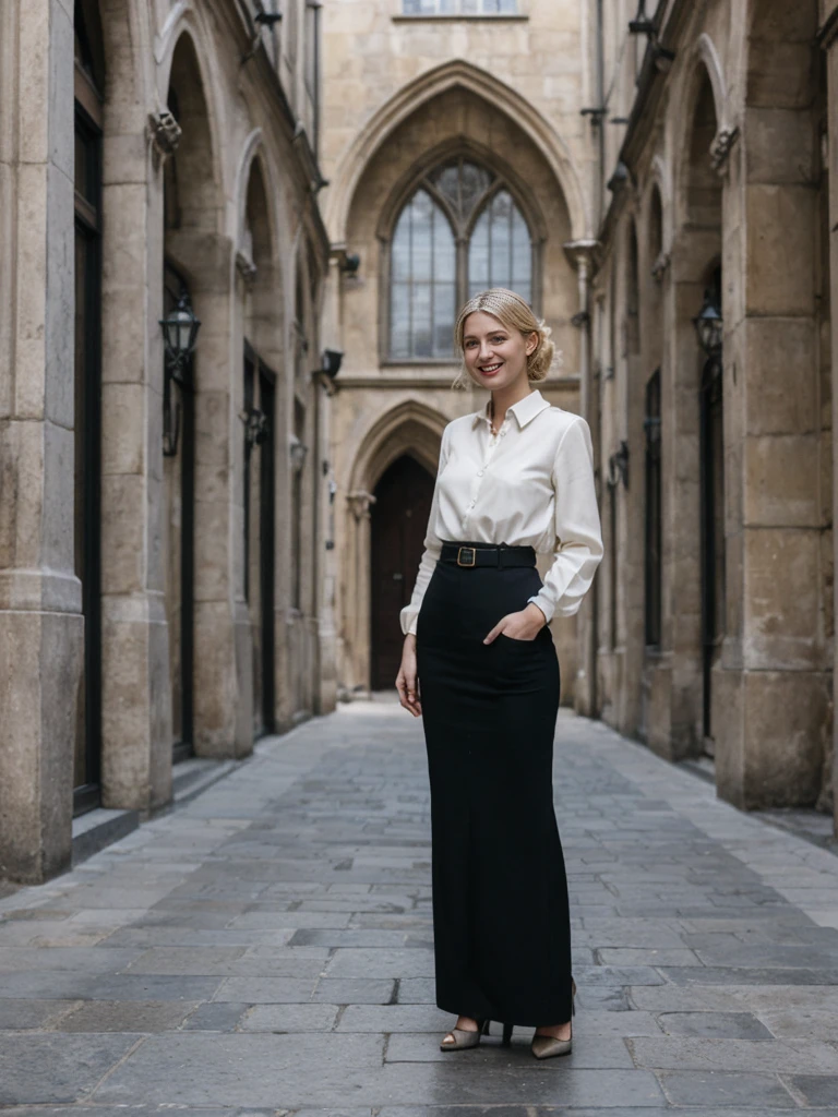 her name is Amelie, high quality, 1girl, ((25-year-old fit Caucasian woman)), ((25 years old)), ((HOURGLASS BODY)), ((Loose Chignon blonde hair)), smiling, pose: standing, wearing Refined Trendsetting Generation-Z modern wear pastel colored, BACKGROUND:"Wandering through the Gothic Quarter, with its narrow medieval streets, hidden squares, and stunning Gothic architecture."