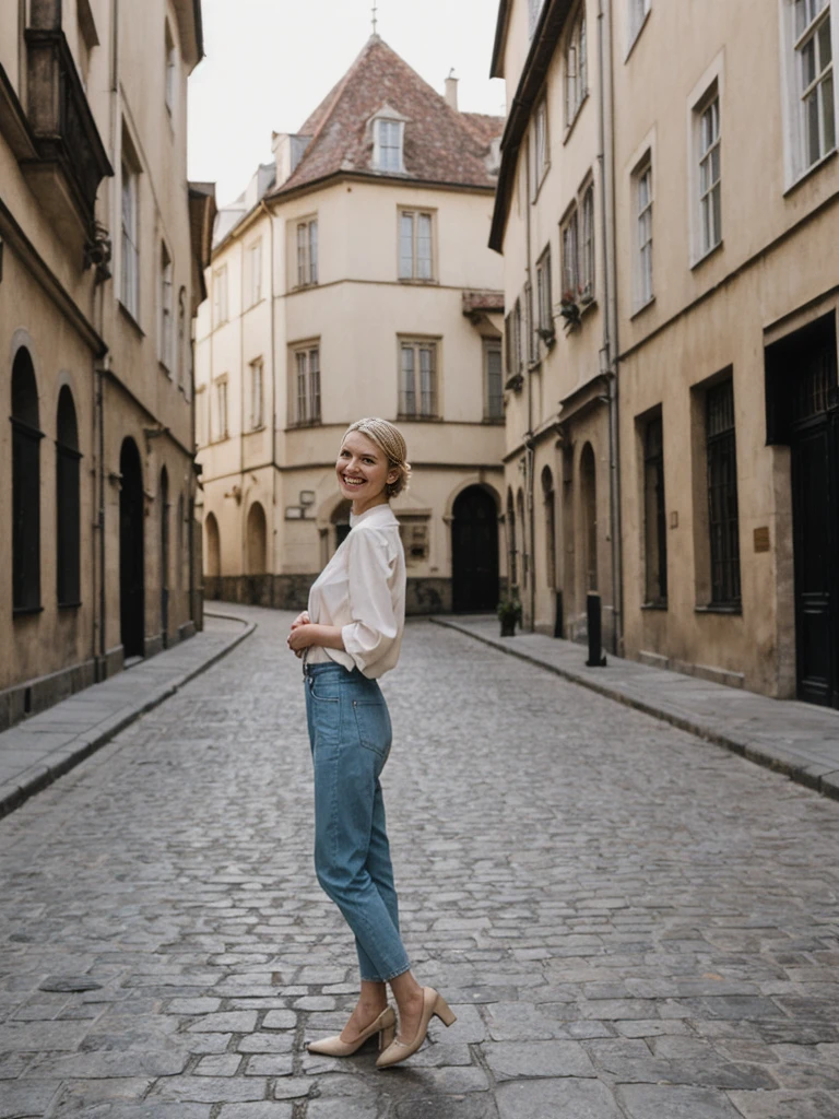 her name is Amelie, high quality, 1girl, ((25-year-old fit Caucasian woman)), ((25 years old)), ((HOURGLASS BODY)), ((Loose Chignon blonde hair)), smiling, pose: standing, wearing Refined Trendsetting Generation-Z modern wear pastel colored, BACKGROUND:"Wandering through the Gothic Quarter, with its narrow medieval streets, hidden squares, and stunning Gothic architecture."
