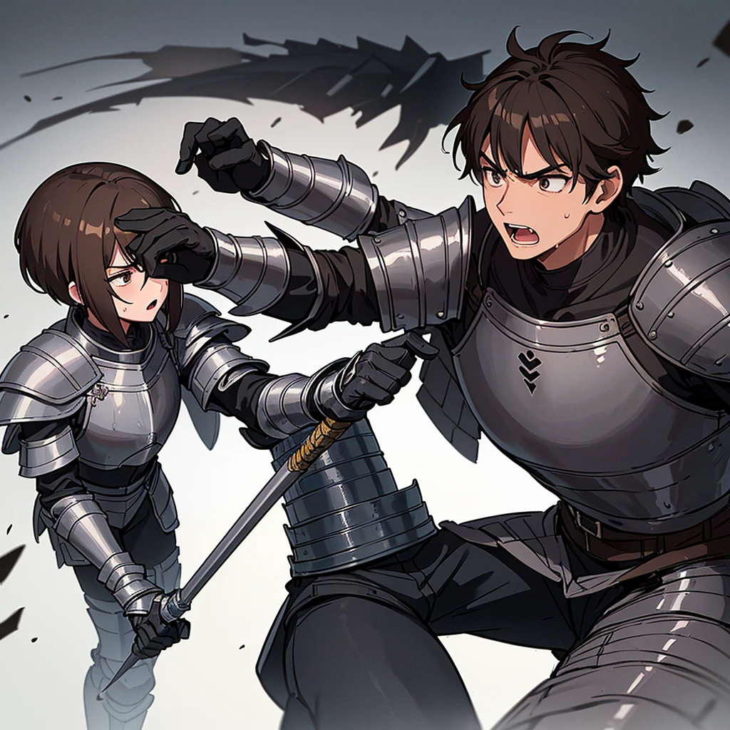 Best illustrations、Best Quality、(((Simple grey armor、Black trousers、Black gloves、Short Hair、Brown Hair、Plate Armor、20 year old man)))、(((Fighting Pose)))、(Old ruins、desert。Grass)、Fall to the floor、(Black, muddy swamp)、(中世の騎士が10 people)、(Close your eyes、get annoyed、Open your mouth、Get angry、Sweat)、(lots of medieval knights、10 people)、battlefield、(from the front)、(White background)