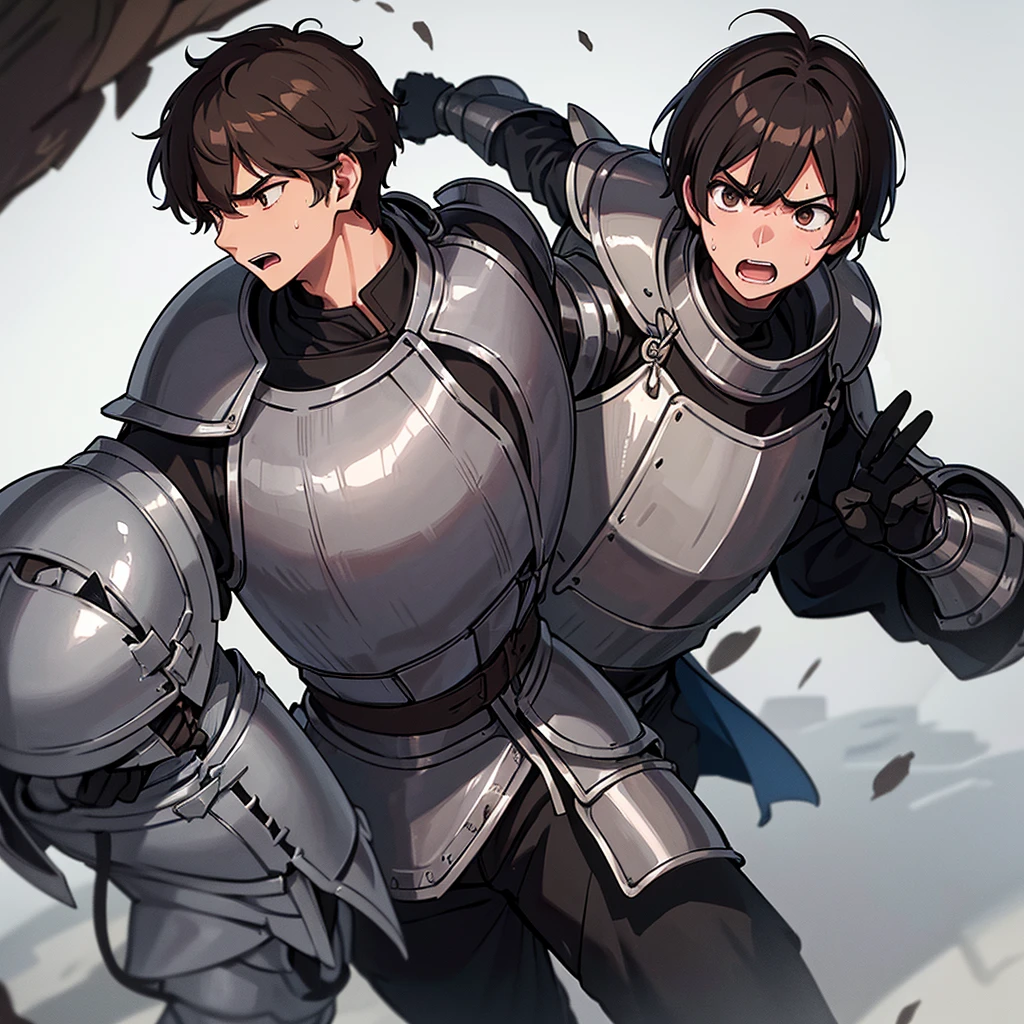 Best illustrations、Best Quality、(((Simple grey armor、Black trousers、Black gloves、Short Hair、Brown Hair、Plate Armor、20 year old man)))、(((Fighting Pose)))、(Old ruins、desert。Grass)、Fall to the floor、(Black, muddy swamp)、(中世の騎士が10 people)、(Close your eyes、get annoyed、Open your mouth、Get angry、Sweat)、(lots of medieval knights、10 people)、battlefield、(from the front)、(White background)