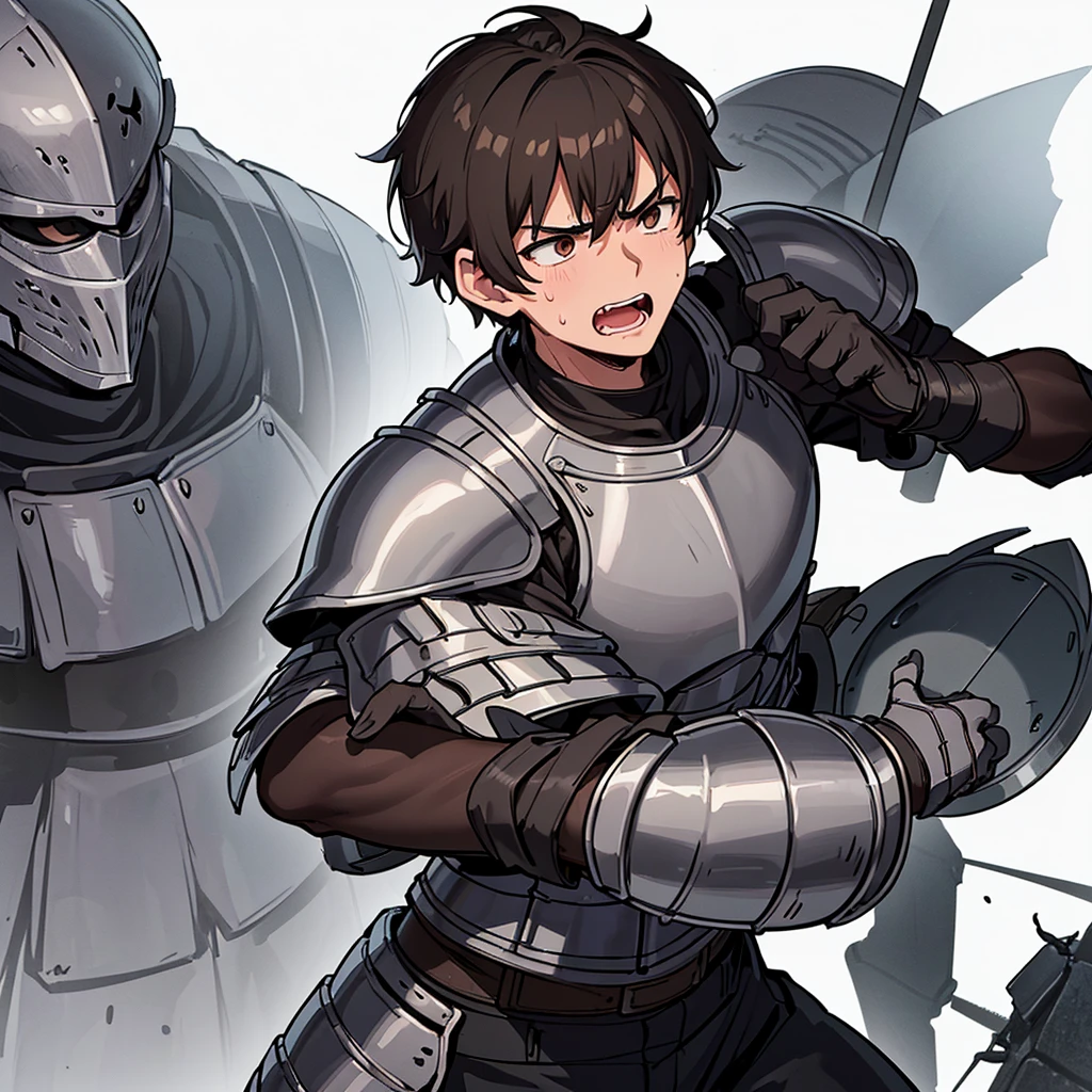 Best illustrations、Best Quality、(((Simple grey armor、Black trousers、Black gloves、Short Hair、Brown Hair、Plate Armor、20 year old man)))、(((Fighting Pose)))、(Old ruins、desert。Grass)、Fall to the floor、(Black, muddy swamp)、(中世の騎士が10 people)、(Close your eyes、get annoyed、Open your mouth、Get angry、Sweat)、(lots of medieval knights、10 people)、battlefield、(from the front)、(White background)