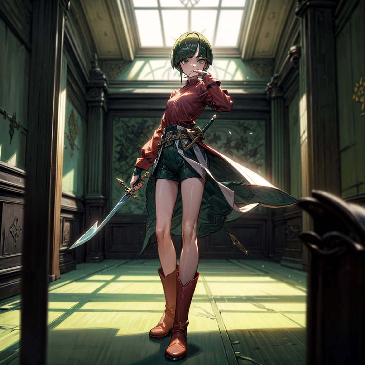 1girl, Full body version, 1character, green eyes, short haircut, green color hair, soldier style clothing, red colour clothing, boots, Grassroots, background indoor building city, motion blur, (detective conan style art), standing gesture, sword in hand 