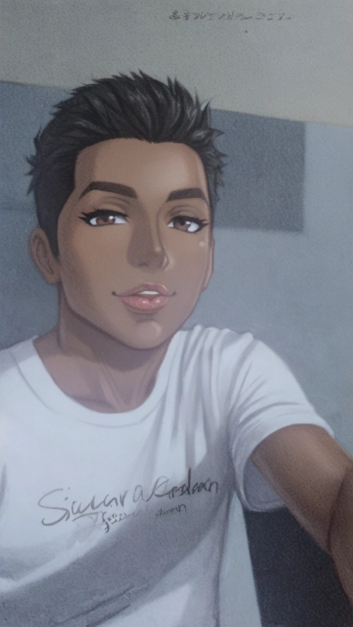 solo, best quality, masterpiece, extremely detailed CG, extremely detailed 8K wallpaper, extremely detailed character, (an extremely delicate and beautiful portrait), portrait, solo, sharp focus, dark skinned tomboy girl with (((sides shaved))) head, black hair, yellow eyes, detailed close-up portrait, head rest pose