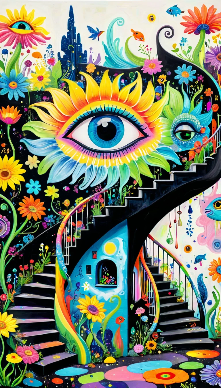 Children's graffiti,Thick coating，Concave and convex texture，Oil pastel strokes：Colorful black，Dopamine color matching，There are flowers in the gaps of the spiral rainbow card、fish、spiral staircase、Tentacles、bird、(((Eye)))、diatom，Abstract mosaic painting，Describing the inner world of autistic people，Sense of space，White Space，interesting，Innocence，Psychedelic Art，Incorporating Picasso&#39;s artistic style
