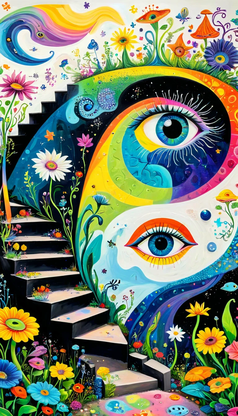 Children's graffiti,Thick coating,Concave and convex texture,Oil pastel strokes:Colorful black,Dopamine color matching,There are flowers in the gaps of the spiral rainbow card、fish、spiral staircase、Tentacles、bird、(((Eye)))、diatom,Abstract mosaic painting,Describing the inner world of autistic people,Sense of space,White Space,interesting,Innocence,Psychedelic Art,Incorporating Picasso's artistic style