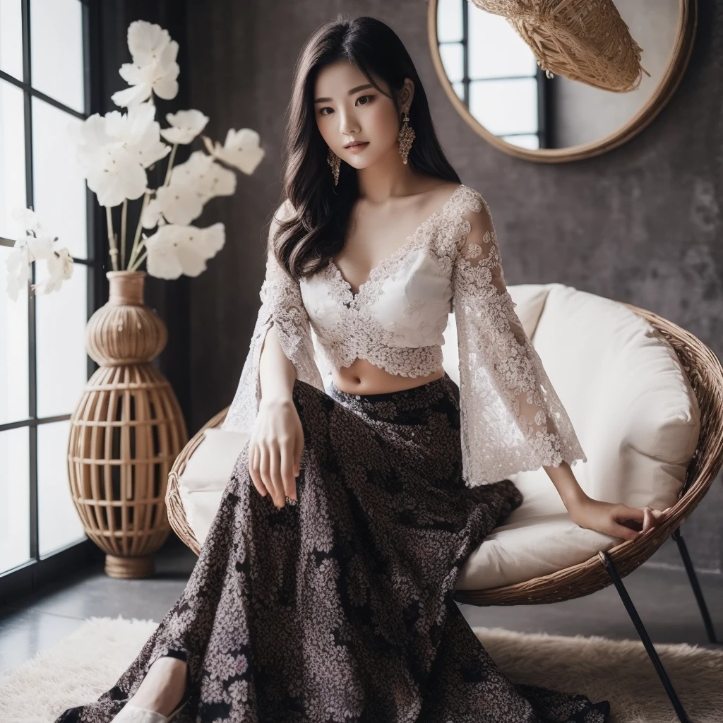 A beautiful Korean woman aged 20 years, wearing a long Balinese kebaya, White, wearing a black floral patterned skirt, sitting gracefully on a round couch, photo style, background, photo studio, very detailed 8k