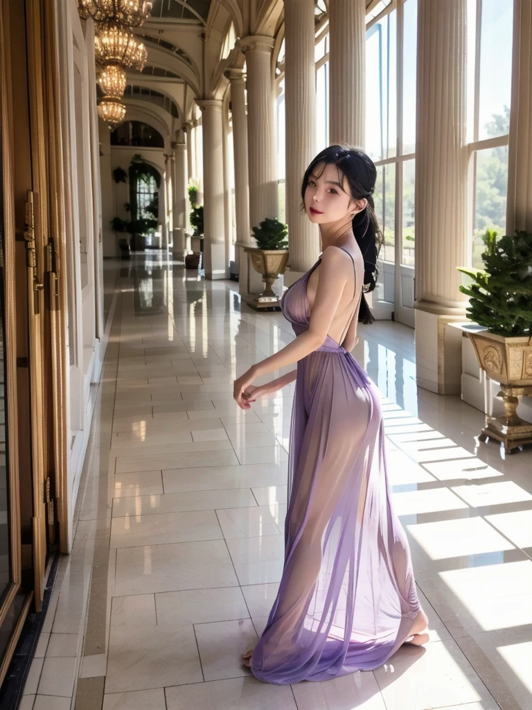 live-action, 4K, Beautiful women in their 30s, Transparent long dress in lavender crystal material, Sleeveless, Ample breasts, Hair tied up in a ponytail, Black Hair, Walking gracefully in the gentle breeze, Inside the large room of the Crystal Palace, The walls and floors are made of crystal, Light reflecting on the floor, Flat contrast overall, Bright light
