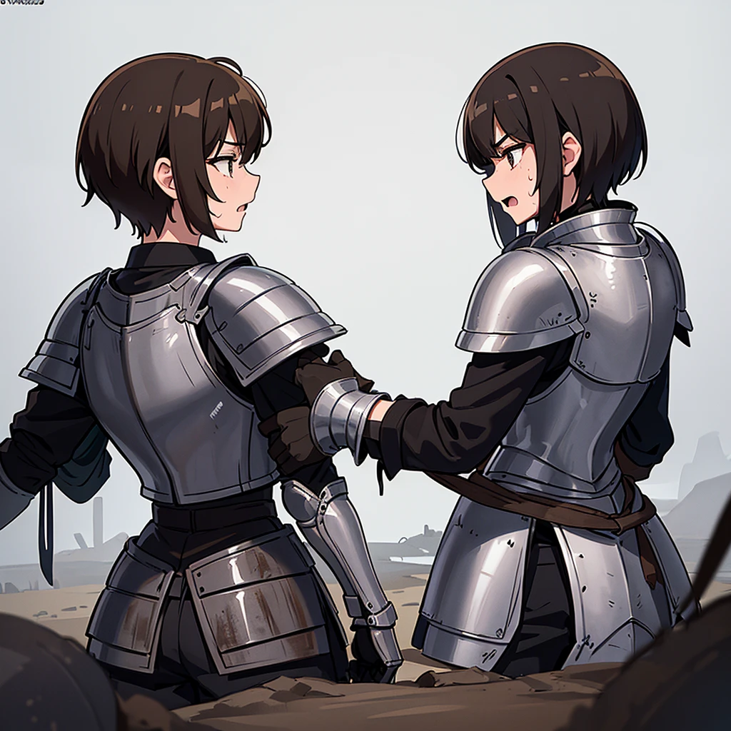Best illustrations、Best Quality、(((Simple grey armor、Black trousers、Black gloves、Short Hair、Brown Hair、Plate Armor、20 year old man)))、(((Fighting Pose)))、(Old ruins、desert。Grass)、Fall to the floor、(Black, muddy swamp)、(中世の騎士が10 people)、(Close your eyes、get annoyed、Open your mouth、Get angry、Sweat)、(lots of medieval knights、10 people)、battlefield、(From the back、back view)、(White background)