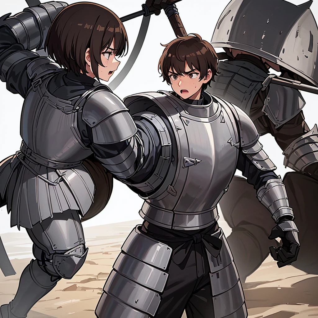Best illustrations、Best Quality、(((Simple grey armor、Black trousers、Black gloves、Short Hair、Brown Hair、Plate Armor、20 year old man)))、(((Fighting Pose)))、(Old ruins、desert。Grass)、Fall to the floor、(Black, muddy swamp)、(中世の騎士が10 people)、(Close your eyes、get annoyed、Open your mouth、Get angry、Sweat)、(lots of medieval knights、10 people)、battlefield、(From the back、back view)、(White background)