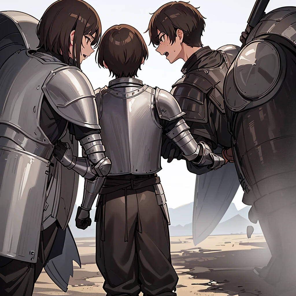 Best illustrations、Best Quality、(((Simple grey armor、Black trousers、Black gloveedium Hair、Brown Hair、Plate Armor、20 year old man)))、(((Fighting Pose)))、(Old ruins、desert。Grass)、Fall to the floor、(Black, muddy swamp)、(中世の騎士が10 people)、(Close your eyes、get annoyed、Open your mouth、Get angry、Sweat)、(lots of medieval knights、10 people)、battlefield、(From the side、profile)、(White background)