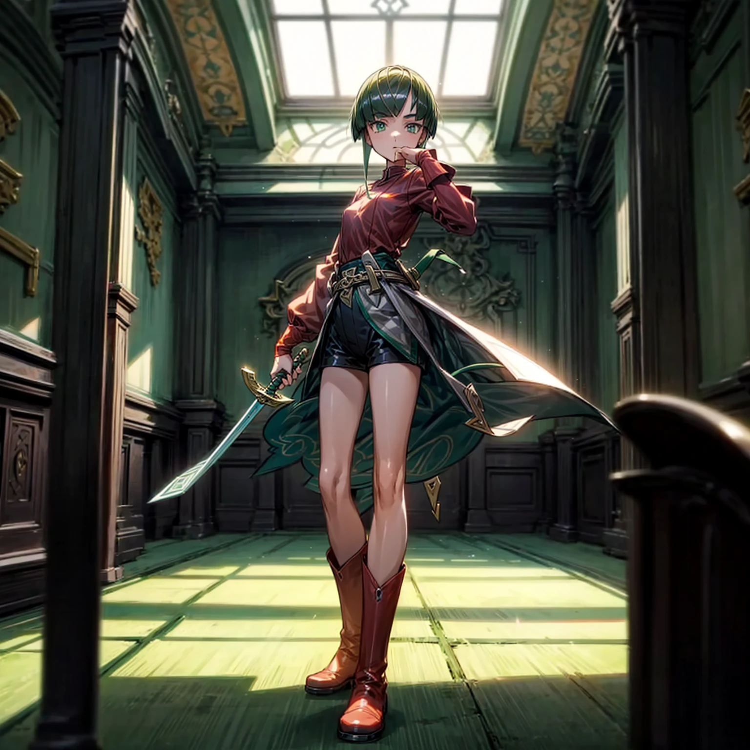 1girl, Full body version, 1character, green eyes, short haircut, green color hair, soldier style clothing, red colour clothing, boots, Grassroots, background indoor building city, motion blur, (detective conan style art), standing gesture, sword in hand 