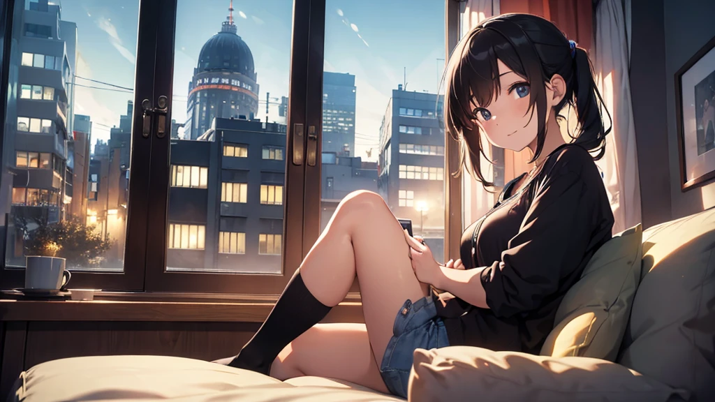 (Masterpiece), (best quality), 1 woman, sitting on the sofa, Listen to music, Close your eyes, smile, earphones, in front of the window, city, nighttime, warm and comfortable, relax