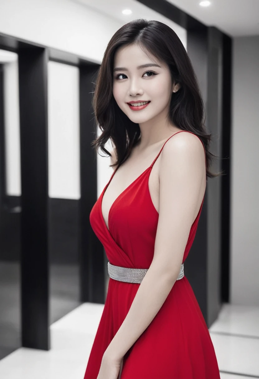 In a sea of black and white, she stands out in her bold red dress, the deep neckline revealing her alluring curves. The silver belt adds a touch of glamour to her ensemble, while her radiant smile lights up the room. The camera captures her in all her stunning glory, a true vision of beauty.