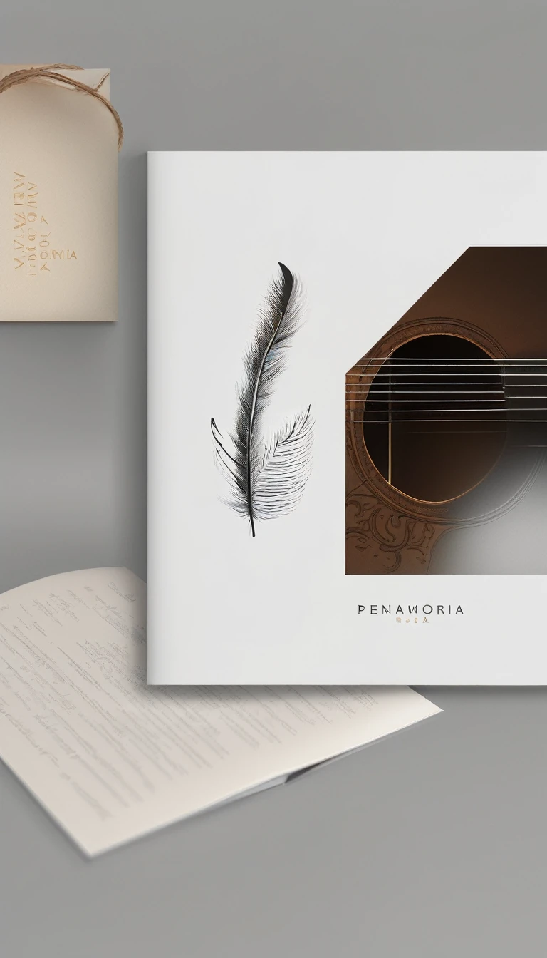 A minimal, modern, simple, cinematic logotype for the brand “Penamemoria". The logotype must be a simple, magical feather and a boy playing acoustic guitar. The logo must convey a sense of music, stories and dreams. Logo design impressed on a book cover. Minimalistic logo
