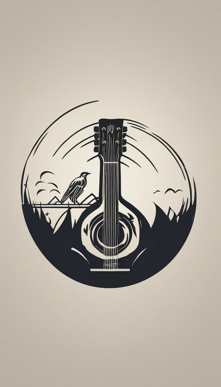 A minimal, modern, simple, cinematic logotype for the brand “Penamemoria". The logotype must be a simple, magical feather and a boy playing acoustic guitar. The logo must convey a sense of music, stories and dreams. Logo design impressed on a book cover. Minimalistic logo