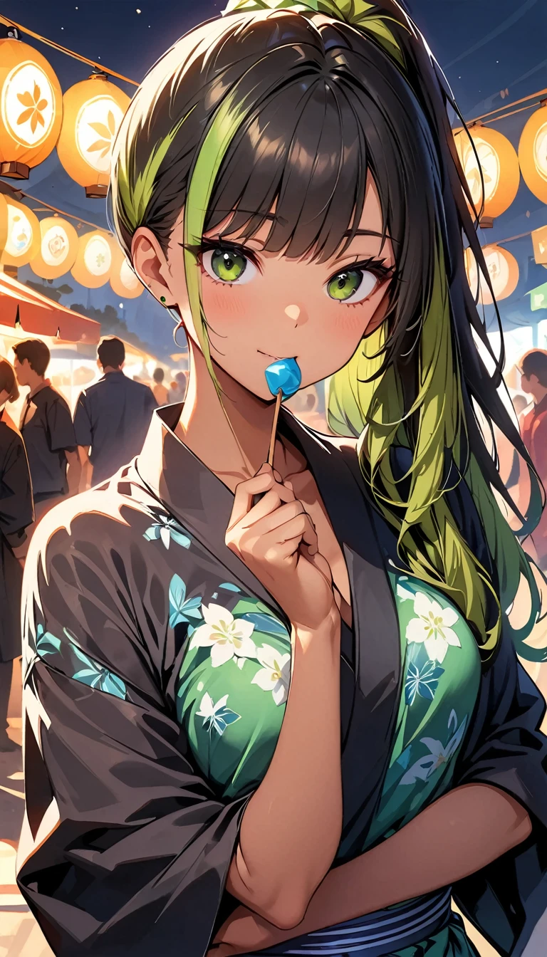 (highest quality:1.2, Very detailed, up to date, Vibrant, Ultra-high resolution, High Contrast, masterpiece:1.2, highest quality, Best aesthetics), Portraiture、girl、((25 years old:1.5)), (slim:1), ((25 years old:1.3)), (japanese traditional green yukata), floral pattern green yukata, (eating stick candy), summer festival, bon dancee, long hair、ponytail, white and yellow green ((streaked hair:1.6)), highlights hair: 1.5, (small breast,:1) (tan skin:1.1), Bright colors、Beautiful fine details、Beautiful lip detail、cowboy shot, look at viewer