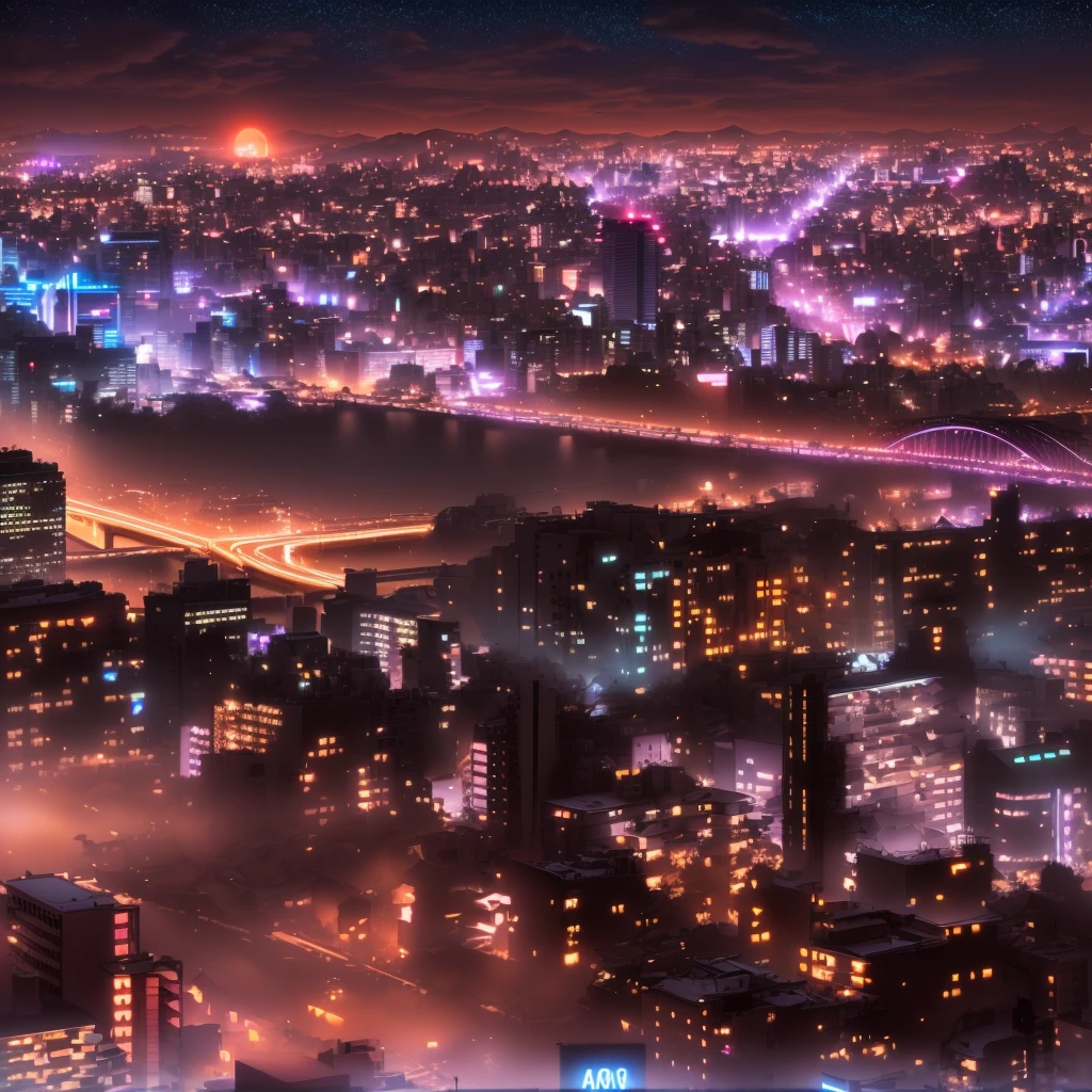 Aerial view of the city at night with a bridge over the river, Japanese city at night, Japan at night, Tokyo at Night, Tokyo in the background, Japanese city, Tokyo in the background, Tokyo is futuristic and clean, Tokyo, Modern Tokyo, Japonisme 3d 8k ultra detailed, Japan. Volumetric lighting, in Tokyo at Night