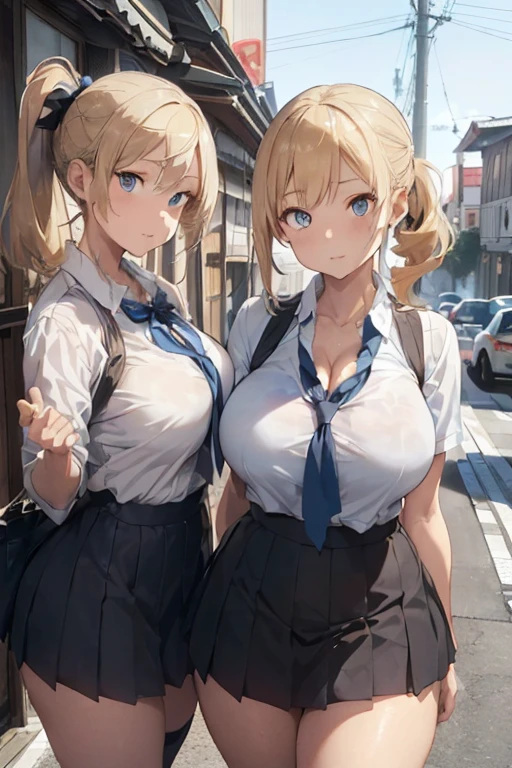 (((Two) Very fleshy young woman))
((huge breasts))
((Very thick thighs))
(Tall)
(cleavage)
(Short Blonde side ponytail hair)
(Blue eyes )
Standing
(((Shoot from front)))
(((photograph the whole body)))
(Japanese school uniform)
(white (business) shirt)
(Black mini-skirt)
Japanese
Tokyo city
