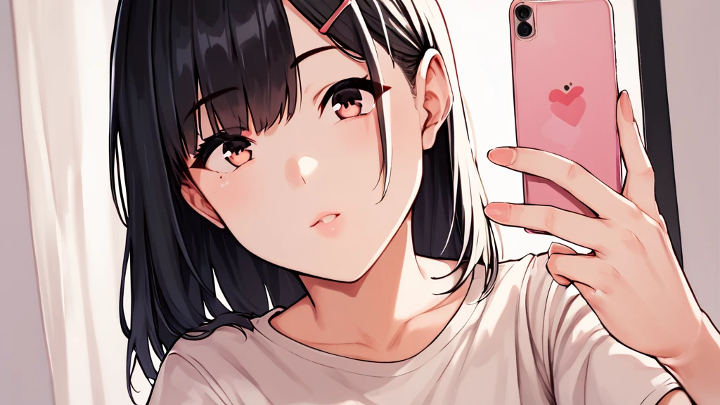 score_9, score_8_Excellent, score_7_Excellent,   Cowboy Shot, From the side,  One Girl, smartphone,  Selfie,  amount,  Hair Clip, Voice of the Heart, Black Hair, bangs,
,   