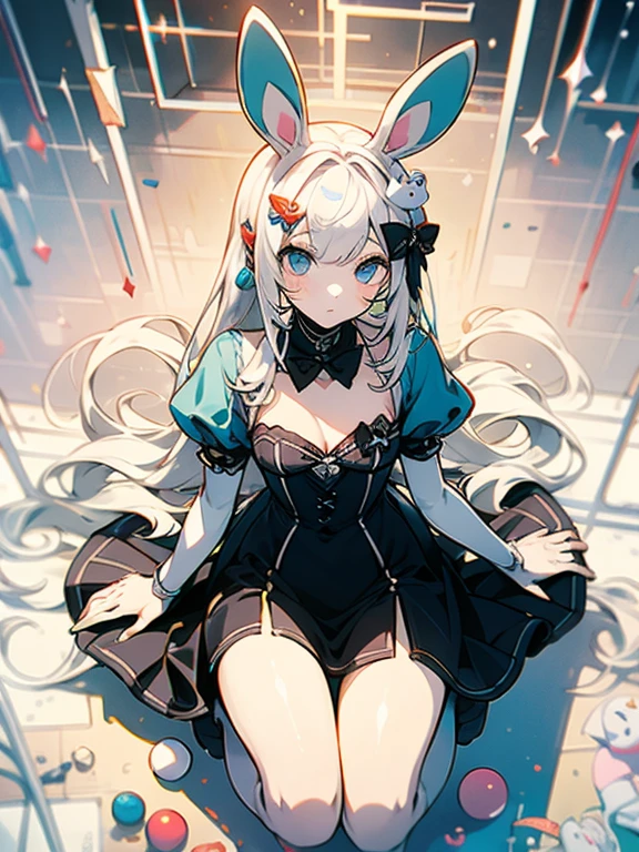 (from above:1.3),looking at viewer,There is a girl with bunny ears and dress, fairy core, Guvitz, close-up character, pale milky porcelain skin, porcelain white skin, ball joint doll, CG society,Enchanting chest、sitting、fullbody,