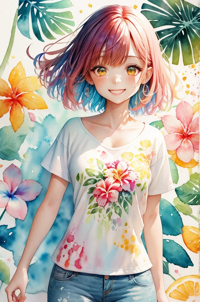 Tropical painting with splatter background and spray paint effect, Mango and flower design T-shirt and jeans shorts, Centered on the upper body of women, Multicolored Hair, Big happy smile, Watercolor, Watercolor paintsing, Watercolor paintsing style, Watercolorの詳細なアート, Watercolor digital painting, Watercolor paints, 見事なWatercolor, Watercolor