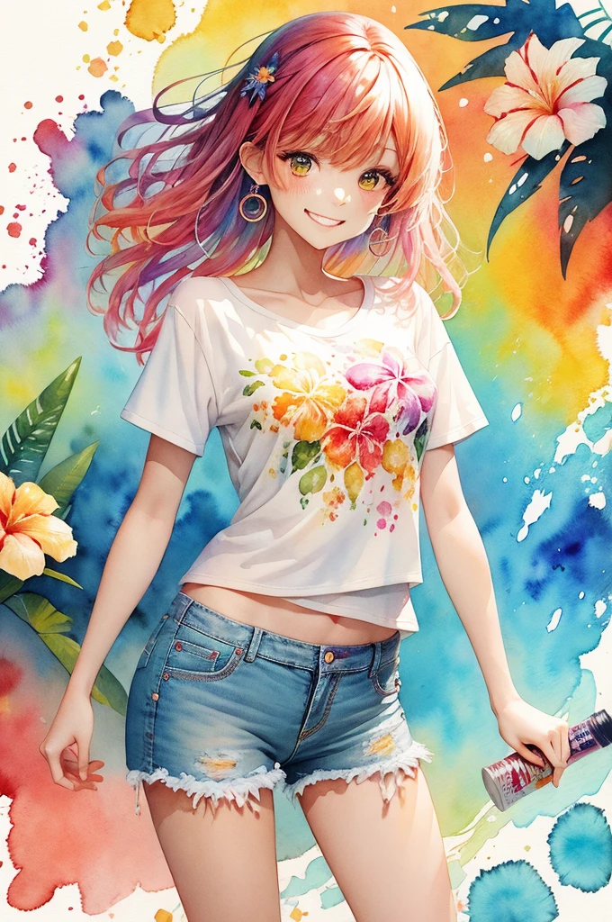 Tropical painting with splatter background and spray paint effect, Mango and flower design T-shirt and jeans shorts, Centered on the upper body of women, Multicolored Hair, Big happy smile, Watercolor,  Watercolor paintsing, Watercolor paintsing style, Watercolorの詳細なアート, Watercolor digital painting, Watercolor paints, 見事なWatercolor, Watercolor