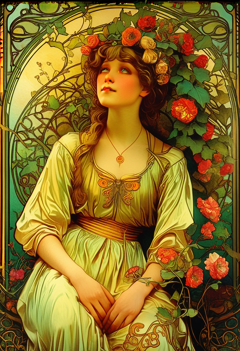A lush garden, intricate floral patterns, detailed petals, vibrant colors, ornate art nouveau style, Alfons Mucha inspired, beautiful woman surrounded by flowers, elegant flowing dress, ornamental leaves and vines, warm lighting, detailed facial features, delicate skin, dreamy atmosphere, photorealistic, 8k, best quality, masterpiece