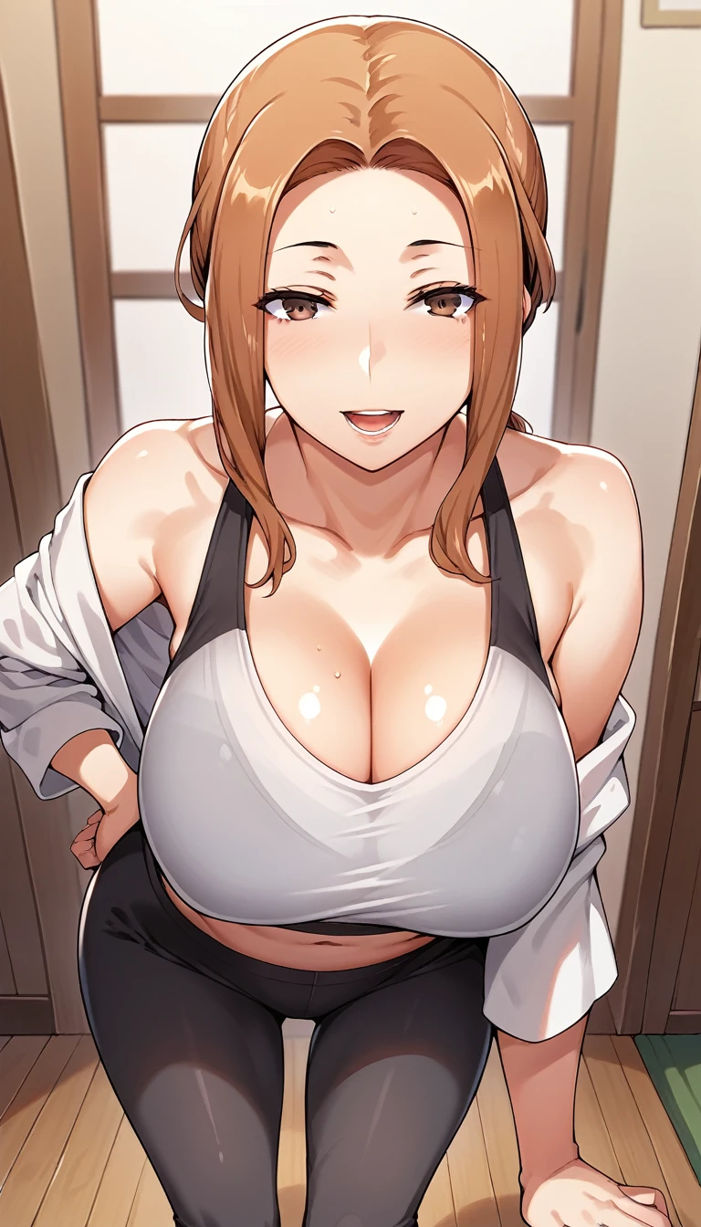 Kyouka Tachibana - Tachibana-san-chi no Dansei Jijou Matome Ban - PonyXL, off shoulder, best quality, masterpiece, ultra-detailed, high quality, highres, 1girl, mature female, brown hair, long hair, low ponytail, beautiful, beautiful and perfect face, detailed eyes, smile, open mouth, looking at viewer, (sports bra, yoga pants), see through, large breasts, cleavage, large ass, curvy body, POV, close shot, from the front, full body, standing, in home, open the door, leaning forward