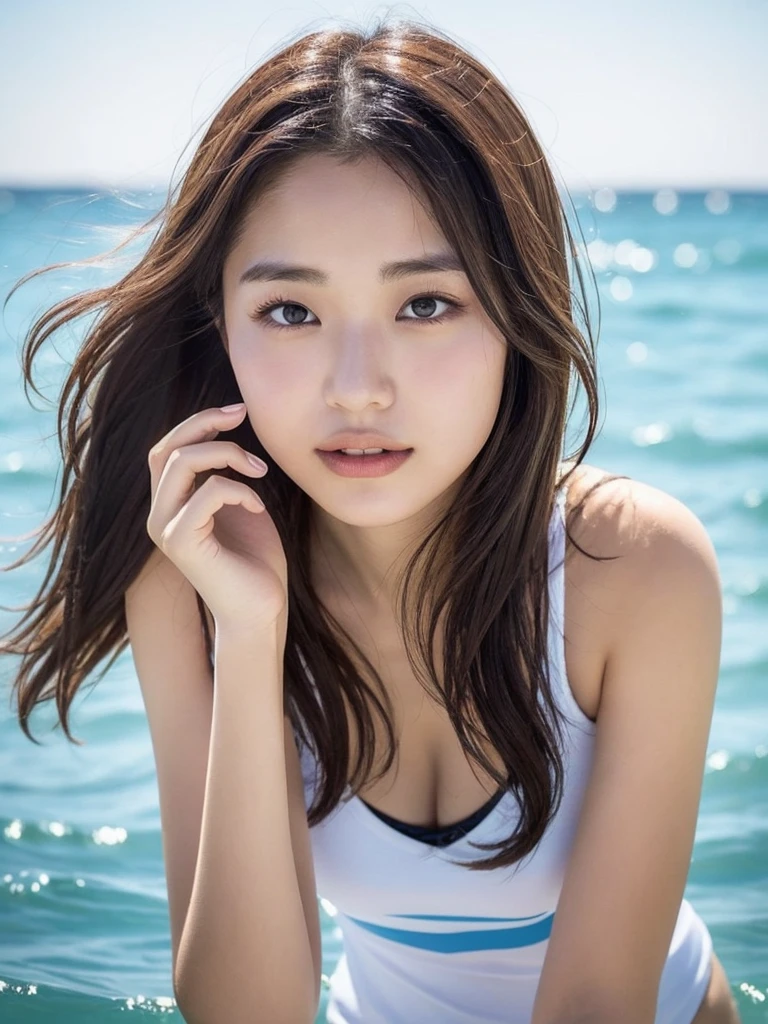 8k,high quality,photo,A Japanese and Korean girl in the beautiful sea in summer,Surfing while standing on a surfboard,graceful posture,Eyes facing the camera,Slim figure,Exquisite white and delicate skin texture,Tied with a refreshing ponytail,Makeup,The focus of the picture is to show that the girl has beautiful double eyelids and big eyes,Smoothly pointed chin,His expression looks very happy and enjoying it,The screen only shows the upper body,The hand posture and number of fingers conform to the logic of the real human body,portrait,The shooting lens is 3.5mm