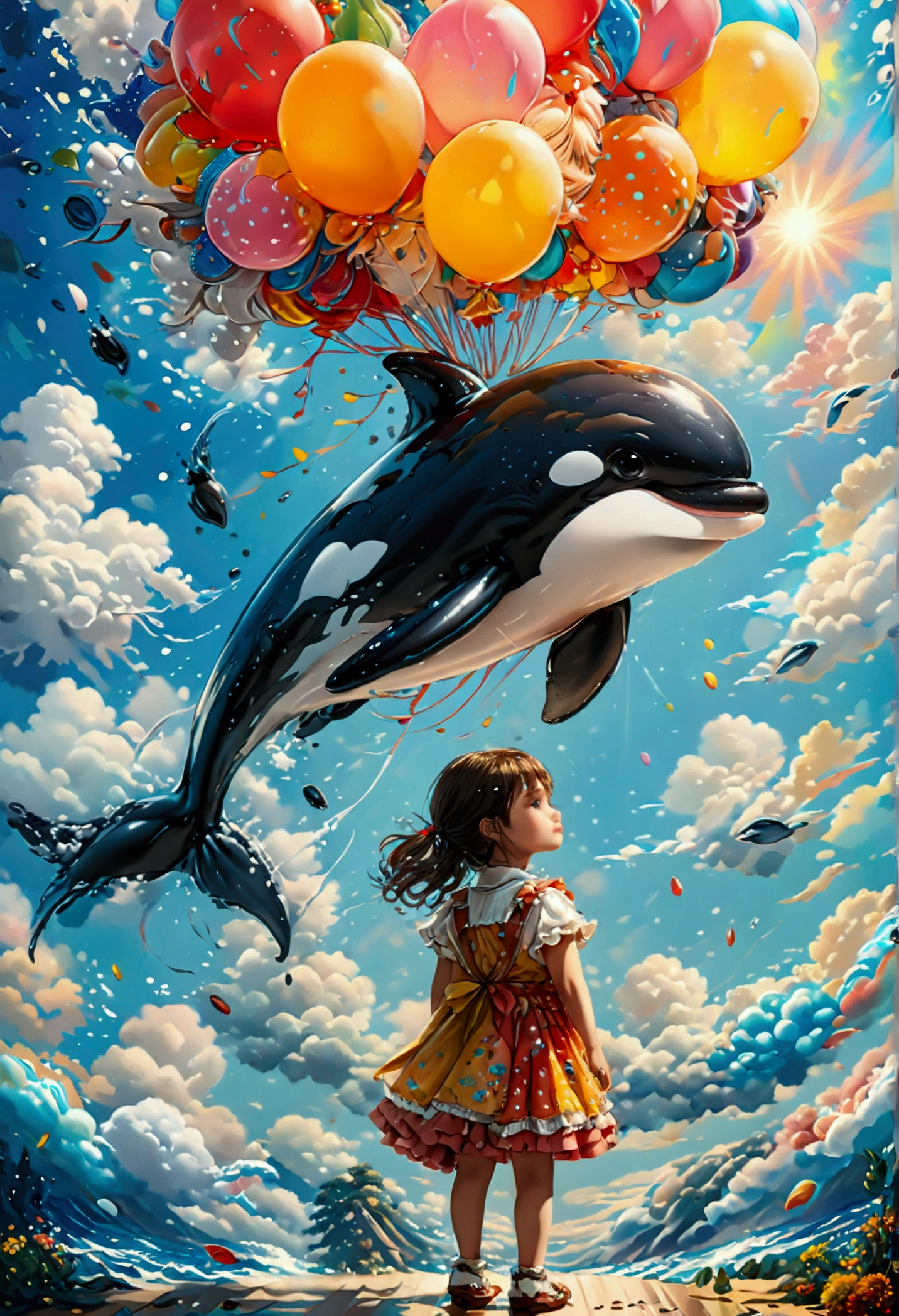 a digital paining of  balloon in the shape of killer whale being held by cute , High Contrast, (masterpiece:1.5), highest quality, Best aesthetics), 16K fantasy art, best details, best quality, highres, (ultra wide angle: 1.2), 16k, [ultra detailed], masterpiece, best quality, (extremely detailed), magical sky, digital painting