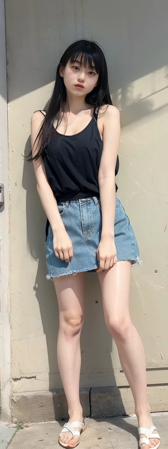 Shooting from below,Gentle expression ,((Extremely precise and accurate anatomy)), (masterpiece:1.43), Perfect Proportions, Realistic photos, Full Shot, whole body, (height: 165cm), (((Leaning forward))), ((,Round face, Around 17 years old,mini skirt、Loose fitting tank top)), Long Hair, , Natural Makeup, Lips become thicker, Sexy Gaze, barefoot, ((Raise one leg)),